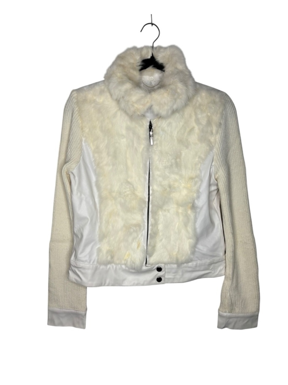 Y2K Jennyfer J Women's Moto Jacket Cream/White Rabbit Fur Leather Knit Jacket M